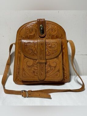 Vintage Gaitan Tooled Leather Handbag Brown Floral Western Purse Mexico Boho